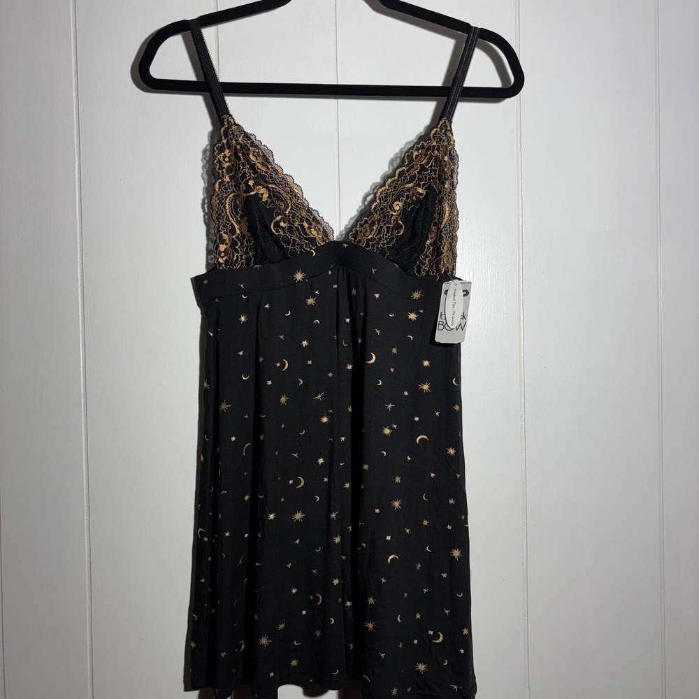 Whimsigoth Chemise Celestial Moon Star Lace Trim Nightgown Black Witchy Goth L